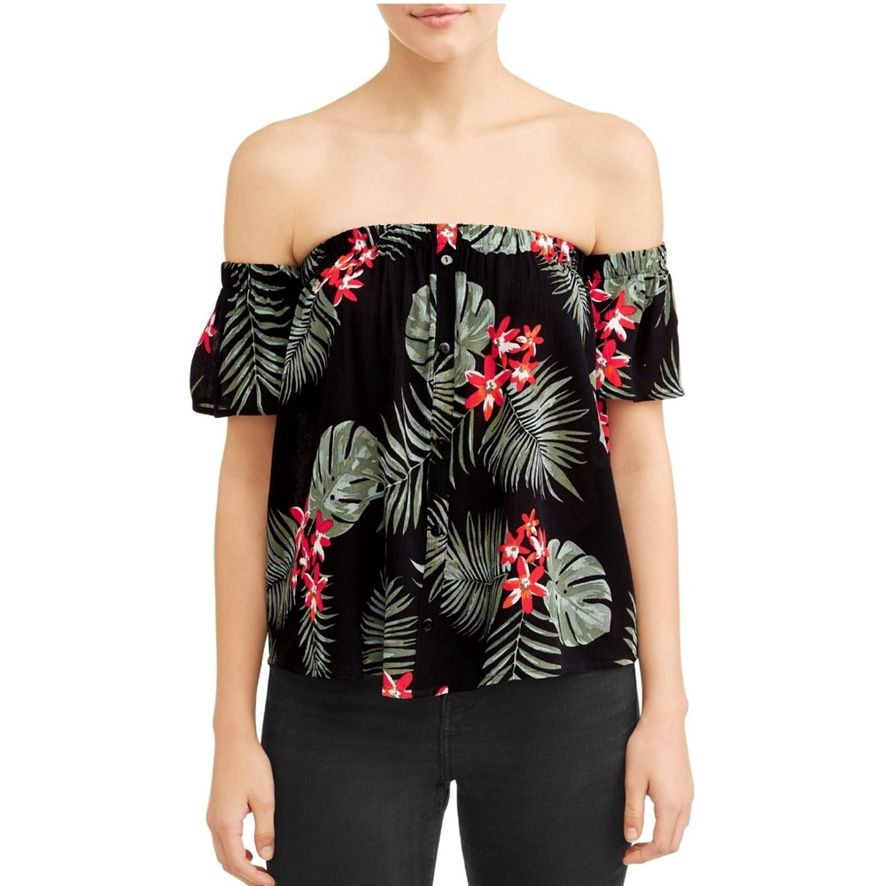 Moral Fiber Juniors' Tropical Printed Off the Shoulder Blouse-Size L